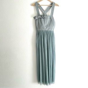 RED Valentino — Tulle Skirt Denim Overall Top Sage Blue Dress